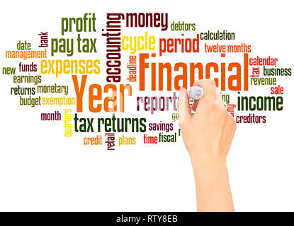 Financial year word cloud hand writing concept on white background. Stock Photo