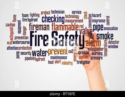 Fire Safety word cloud and hand with marker concept on white background. Stock Photo