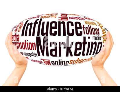 Influence marketing word cloud hand sphere concept on white background. Stock Photo