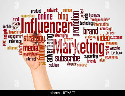 Influencer marketing word cloud and hand with marker concept on white background. Stock Photo