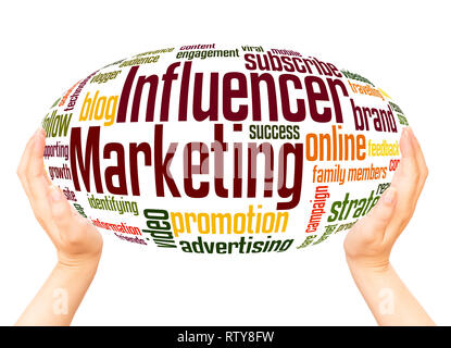 Influencer marketing word cloud hand sphere concept on white background. Stock Photo