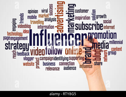 Influencer word cloud and hand with marker concept on white background. Stock Photo