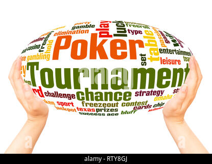 Poker tournament word cloud hand sphere concept on white background. Stock Photo