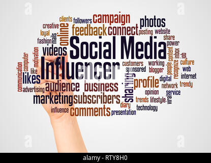 Social media influencer word cloud and hand with marker concept on white background. Stock Photo