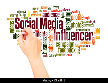 Social media influencer word cloud hand writing concept on white background. Stock Photo