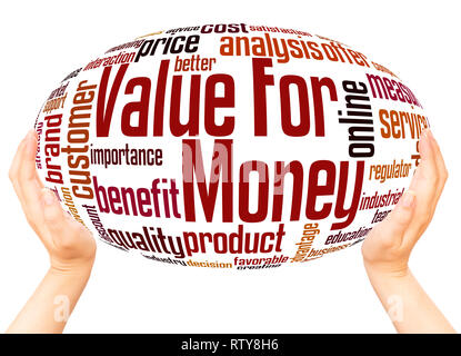 Value for money word cloud hand sphere concept on white background. Stock Photo