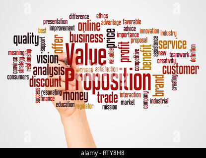 Value Proposition word cloud and hand with marker concept on white background. Stock Photo