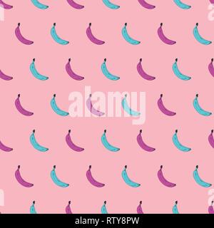 Seamless pop art banana pattern pink and blue randomly distributed on color background. Vector Illustration. Stock Vector