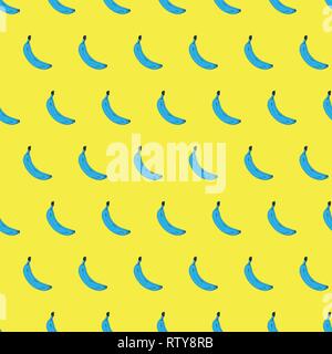 Seamless pop art banana pattern blue randomly distributed on yellow background. Vector Illustration. Stock Vector
