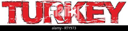 Word TURKEY with Turkish flag under it, distressed grunge look. Stock Vector