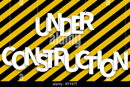 Under Construction text hanging on ropes on a yellow and black background: 3D illustration Stock Photo