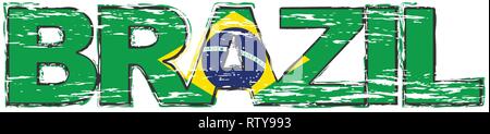 Word BRAZIL with Brazilian flag under it, distressed grunge look. Stock Vector