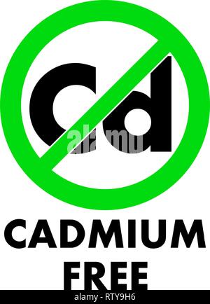 Cadmium free icon. Letters Cd (chemical symbol) in green crossed circle, with text under. Stock Vector