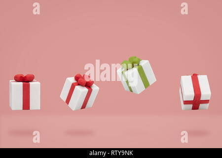 Christmas gift boxes is flying on pink backdrop, Minimal composition. Stock Photo