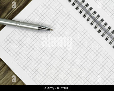 close up of blank notebook and a pen on wooden office desk with copy space Stock Photo