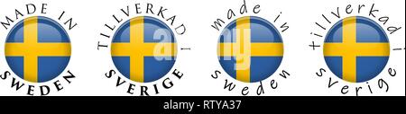 Simple Made in Sweden/ Tillverkad i Sverige (Swedish translation) 3D button sign. Text around circle with national flag. Decent and casual font versio Stock Vector