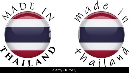 Simple Made in Thailand 3D button sign. Text around circle with Thai flag. Decent and casual font version. Stock Vector