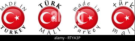 Simple Made in Turkey/ Turk Mali (Turkish translation) 3D button sign. Text around circle with national flag. Decent and casual font version. Stock Vector