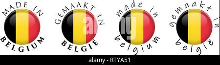 Simple Made in Belgium / Gemaakt in Belgie (Dutch translation) 3D button sign. Text around circle with Belgian national flag. Decent and casual font v Stock Vector