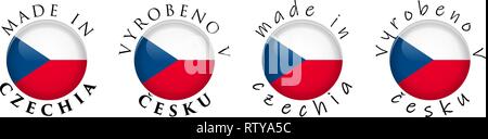 Simple Made in Czechia / Vyrobeno v Cesku (Czech translation) 3D button sign. Text around circle with national flag. Decent and casual font version. Stock Vector
