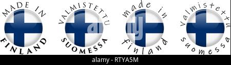 Simple Made in Finland / Valmistettu Suomessa (Finnish translation) 3D button sign. Text around circle with national flag. Decent and casual font vers Stock Vector