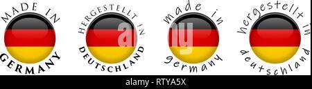 Simple Made in Germany/ Hergestellt in Deutschland (German translation) 3D button sign. Text around circle with national flag. Decent and casual font Stock Vector