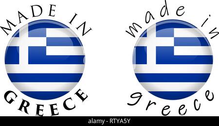 Simple Made in Greece 3D button sign. Text around circle with Greek flag. Decent and casual font version. Stock Vector