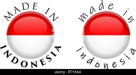 Simple Made in Indonesia 3D button sign. Text around circle with Indonesian flag. Decent and casual font version. Stock Vector