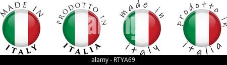Simple Made in Italy/ Prodotto in Italia (Italian translation) 3D button sign. Text around circle with national flag. Decent and casual font version. Stock Vector