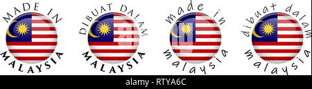 Simple Made in Malaysia / Malaysian translation 3D button sign. Text around circle with national flag. Decent and casual font version. Stock Vector