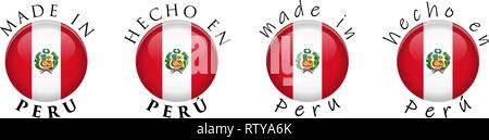 Simple Made in Peru/ Spanish translation 3D button sign. Text around circle with peruvian flag. Decent and casual font version. Stock Vector