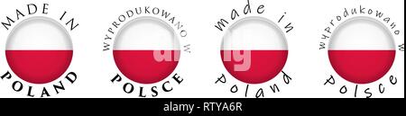 Simple Made in Poland / Wyprodukowano w Polsce (Polish translation) 3D button sign. Text around circle with national flag. Decent and casual font vers Stock Vector