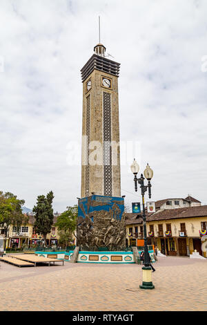 Loja, Ecuador, January 2019: Tower of San Sebastian in the Plaza de la Independencia in the center of the city of Loja Stock Photo
