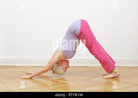 Senior woman with gray hair doing yoga exercise at home in front of a white wall, asana downward dog Stock Photo