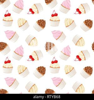 Cupcakes and muffins. Pastry background. Seamless pattern. Raster Illustration on white background Stock Photo