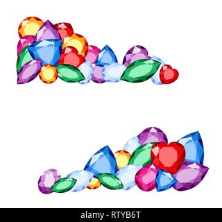 Gems. Colorful collection of different gemstones with space for text on white background amethyst, citrine, ruby and topaz. Raster illustration Stock Photo