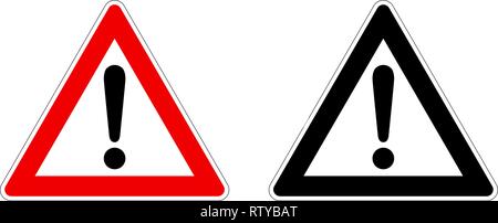 Warning / Attention sign. Exclamation mark in triangle. Red / black and white version. Stock Vector
