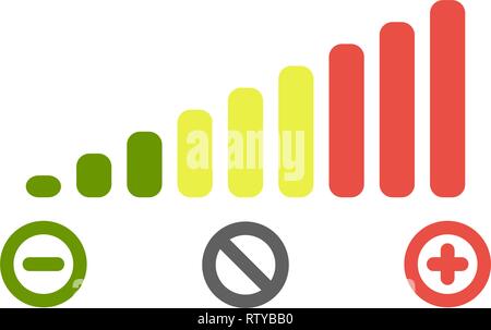 Volume level bars scale icon. Green to red colours, with minus for decrease, plus for increase and crossed circle for mute signs. Stock Vector