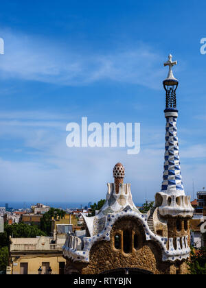 BARCELONA, SPAIN - CIRCA MAY 2018: View of Barcelona from Parc Güel. Parque Güell is a public park system composed of gardens and architectonic elemen Stock Photo