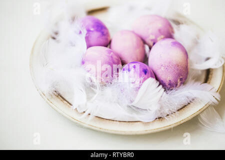 Spring painted Easter eggs still life with feathers, spring holiday table decoration, spring seasonal card Stock Photo
