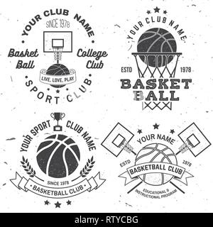 Set of basketball college club badge. Vector illustration. Concept for shirt, print, stamp or tee. Vintage typography design with basketball hoop and basketball ball silhouette. Stock Vector