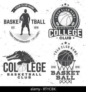 Set of basketball college club badge. Vector illustration. Concept for shirt, print, stamp or tee. Vintage typography design with crocodile, basketball hoop and basketball ball silhouette. Stock Vector