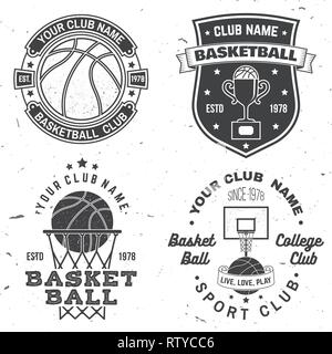 Set of basketball college club badge. Vector illustration. Concept for shirt, print, stamp or tee. Vintage typography design with basketball hoop and basketball ball silhouette. Stock Vector