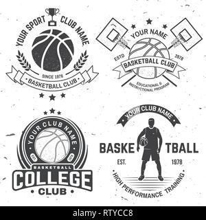 Set of basketball college club badge. Vector illustration. Concept for shirt, print, stamp or tee. Vintage typography design with basketball hoop, player and basketball ball silhouette. Stock Vector