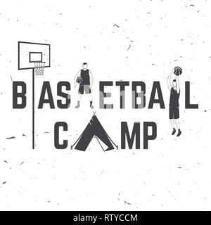 Basketball camp badge. Vector. Concept for shirt, print, stamp or tee. Vintage typography design with tent, basketball player, ball, hoop silhouette Stock Vector