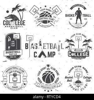 Set of basketball college club badge. Vector illustration. Concept for shirt, print, stamp or tee. Vintage typography design with crocodile, basketball hoop and basketball ball silhouette. Stock Vector