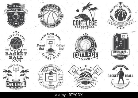 Set of basketball college club badge. Vector illustration. Concept for shirt, print, stamp or tee. Vintage typography design with crocodile, basketball hoop and basketball ball silhouette. Stock Vector