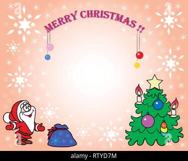 On a beige background with white snowflakes is a Christmas tree, Santa Claus with a bag of gifts and an inscription-Merry Christmas! Stock Vector