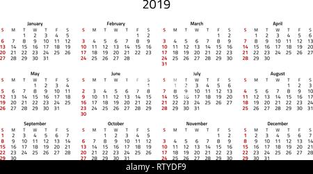 Simple 2019 calendar, week starts on Sunday that is highlighted in red. Stock Vector