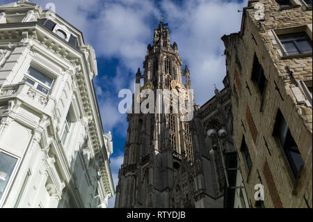 View of the tower of the Cathedral of Our Lady, Antwerp, Belgium Stock Photo